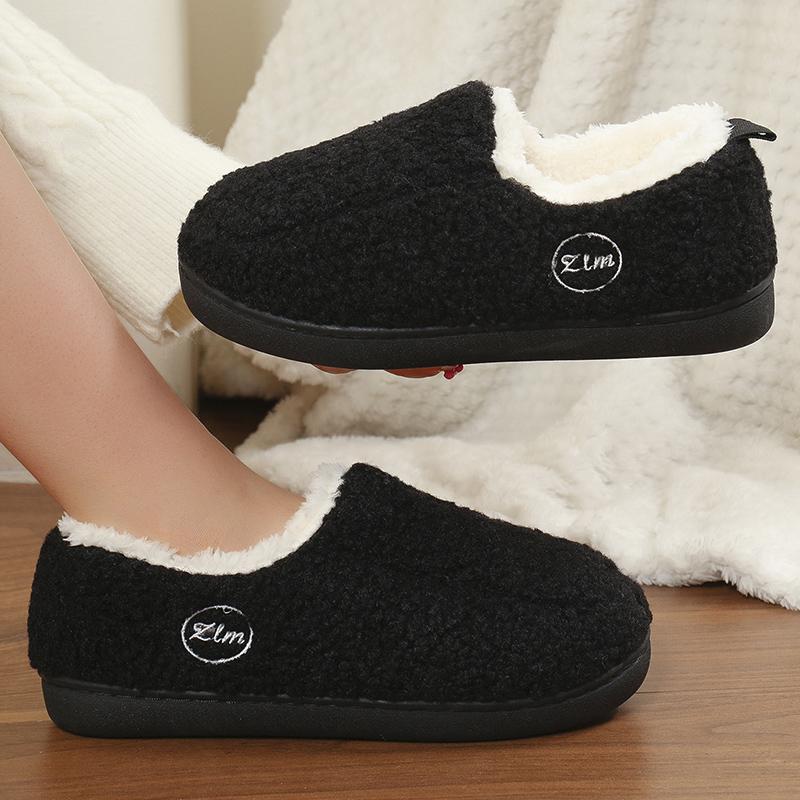 Fashion Concise Faux Lamb Wool Fur Slippers Women All Match Letter Embroidery Plush Slippers Woman Slip On Round Toe Cotton Shoes Mujer