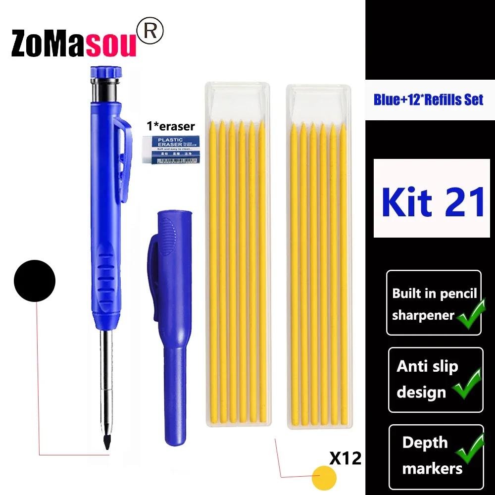 Reuseable Long Head Deep Hole Markers Pen Pencils Solid Carpenter Refill Leads Built-in Sharpener Woodwork Construction Tools