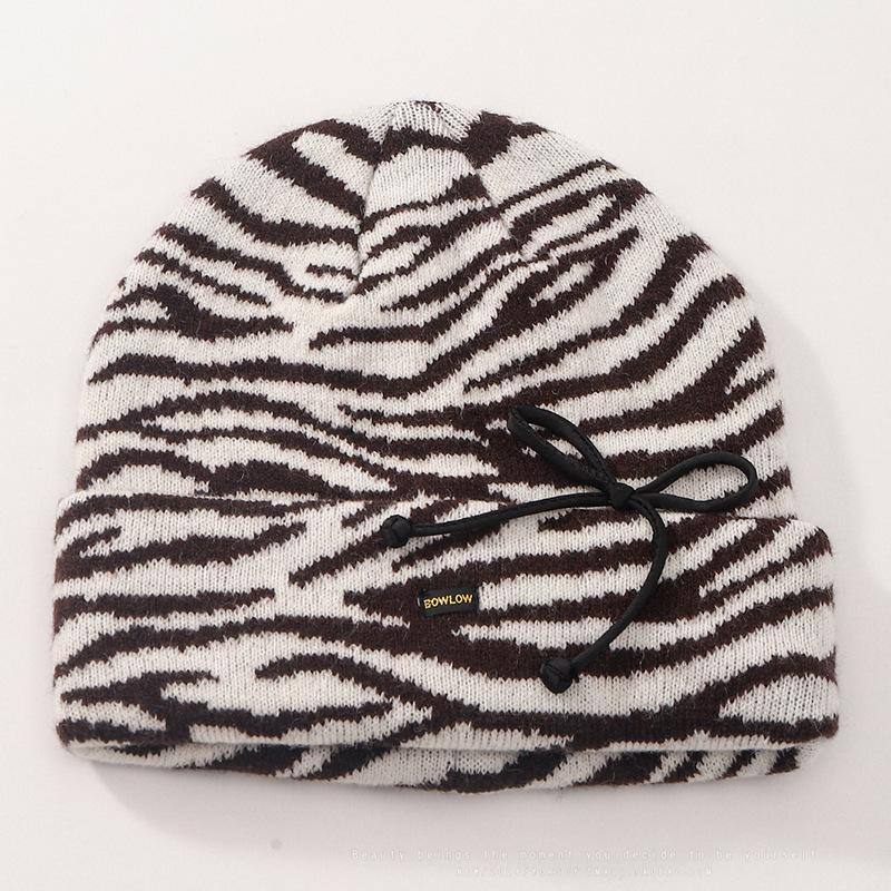 Winter Hat for Women Casual Versatile Knitted Hat Big Head Circumference Thickened Warm Wool Hat Zebra Striped Ear Protection Cold Hat