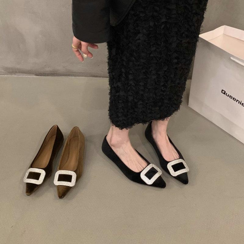 Fashion Flat Shoes Women's Shoes 2025 New Spring and Autumn Pointed Black French Rhinestone Suede Outdoor Plus Size Women's Shoes