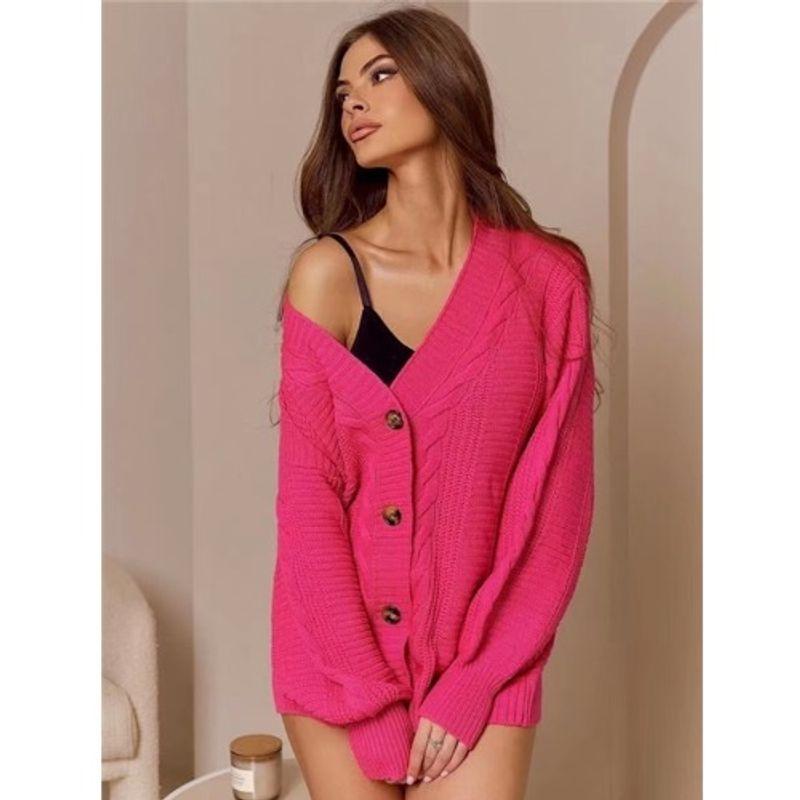 

Fashion Spring & Fall Winter New Solid Color Fashion V-neck Single Breasted Cable Stitch Knitting Cardigan Sweater Outwear Female Sweater Rose Red One size
