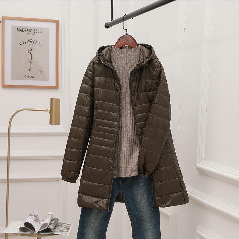 Women's Mid-Length Hooded Lightweight Down Jacket - Slimming Thin Plus Size Coat for Autumn/Winter 2023