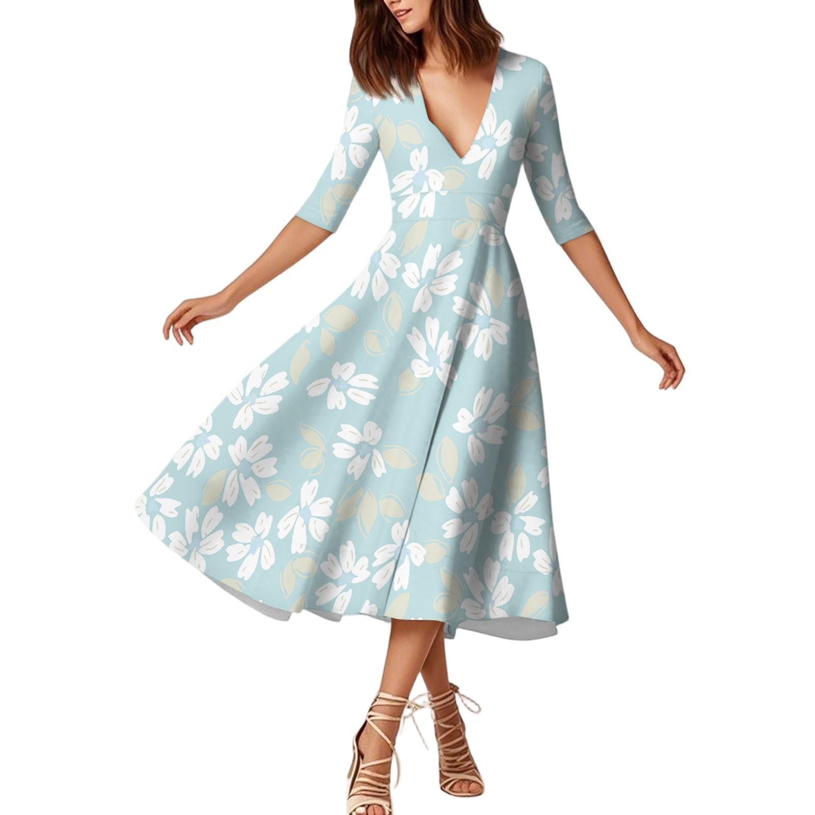 

Модное платье средней длины с рукавами средней длины, цветочным принтом и сексуальным V-образным вырезом L