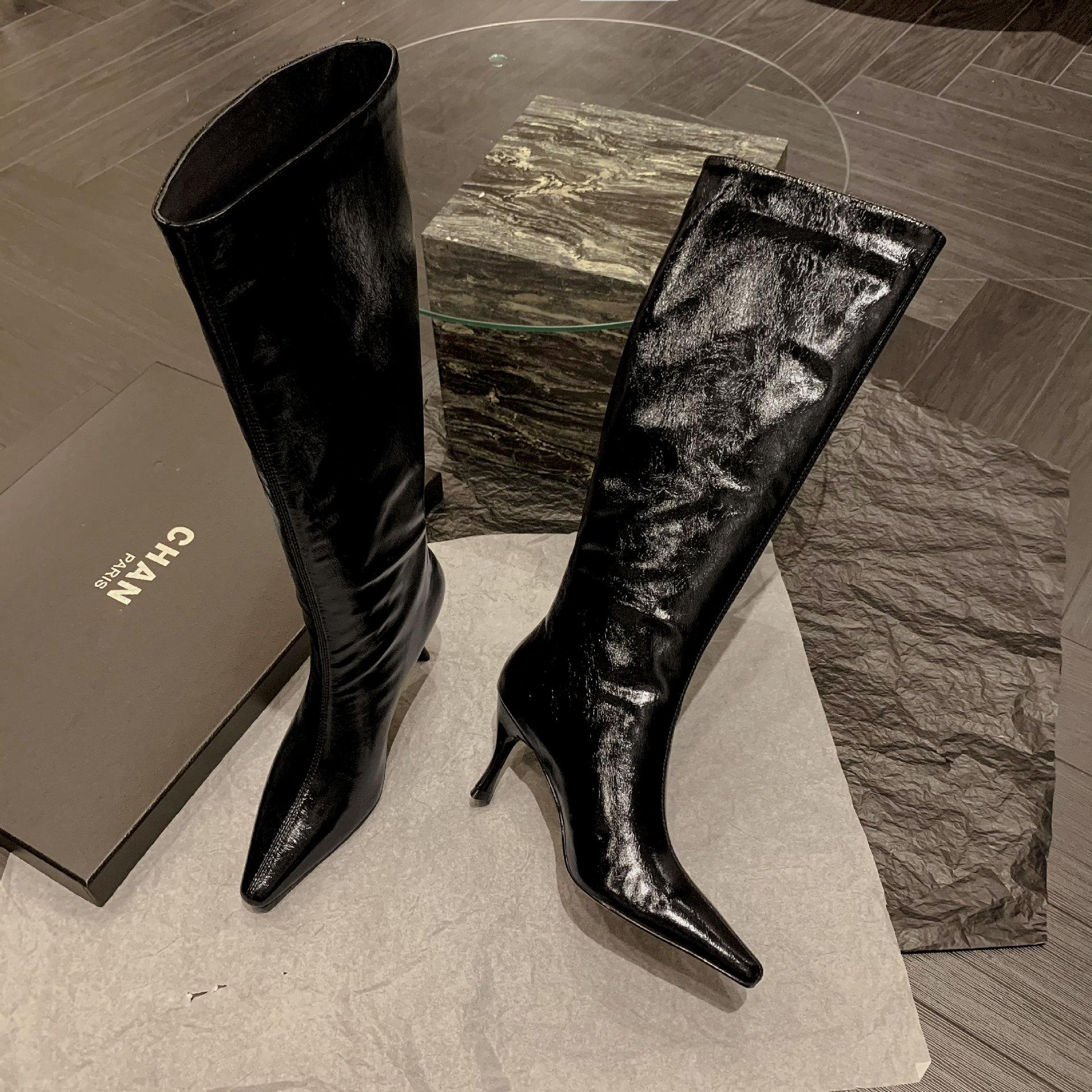 

2025 new pure leather inside and out~ sexy pointed stiletto but knee knight boots genuine leather boots for women 34 чёрный