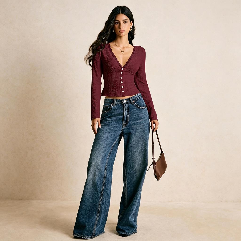 Women's Color Lace V-Neck Long Sleeve T-Shirt, Slim Fit Elegant Base Layer Top for Daily Wear