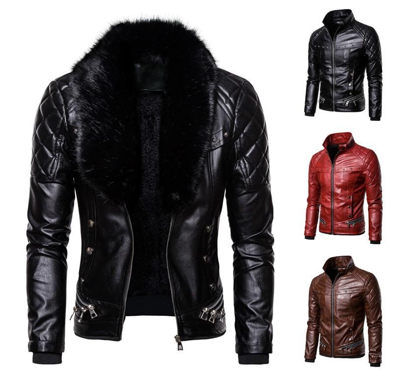 Men's Punk Removable Fur Collar Rivet Pressed Cotton Thick Windproof Locomotive Leather Jacket Men's