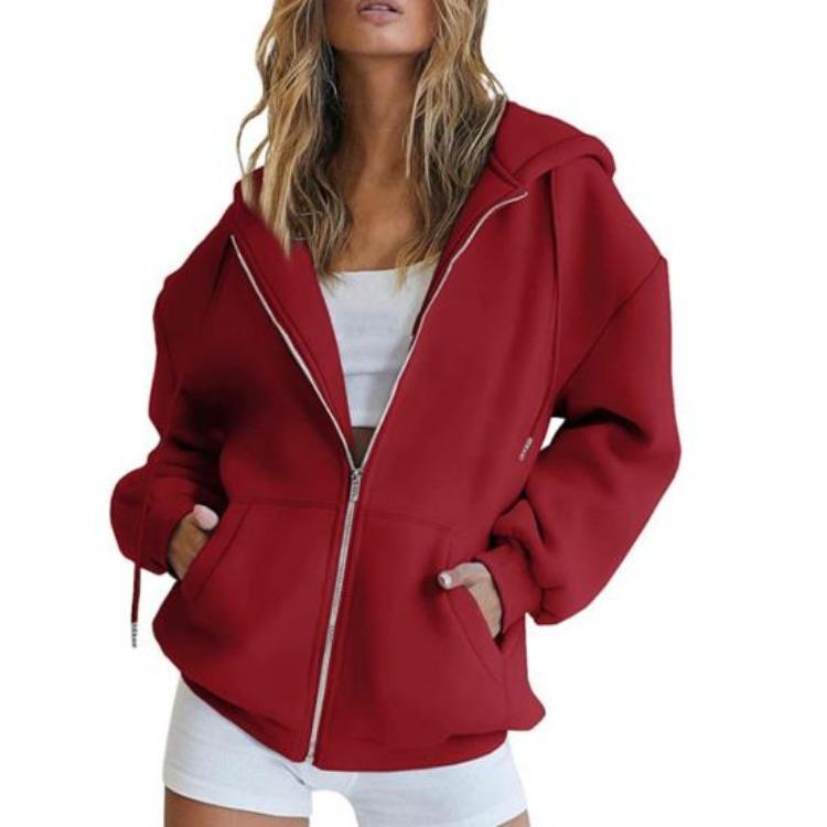 Women Warm Hoodie Winter Autumn Casual Loose Long Sleeves Cardigan Solid Color Zipper Hooded Drawstring Outerwear