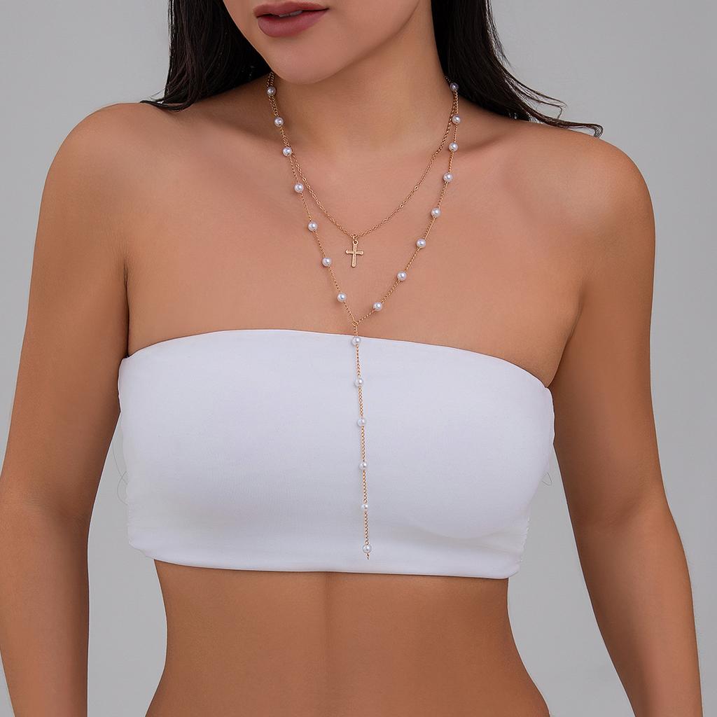 Jewelry ins temperament imitation pearl geometric necklace, vintage cross pendant stacked necklace woman