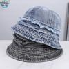 Early Spring New Fashion Raw Edge Washed Denim Temperament Basin Hat Outdoor Street Shot Show Face Small Sweet Bucket Hat