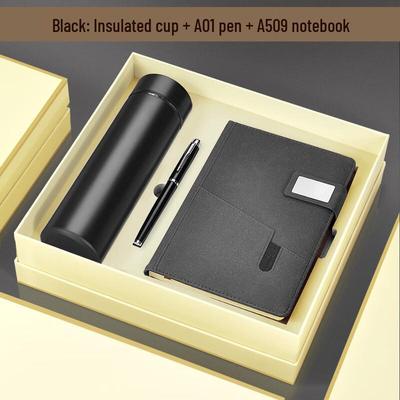 Smart Black Thermos Gift Set with Pen and Notebook