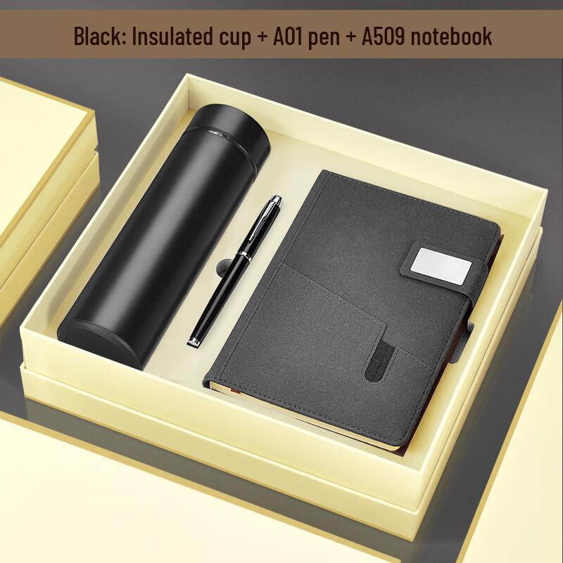 Smart Black Thermos Gift Set with Pen and Notebook