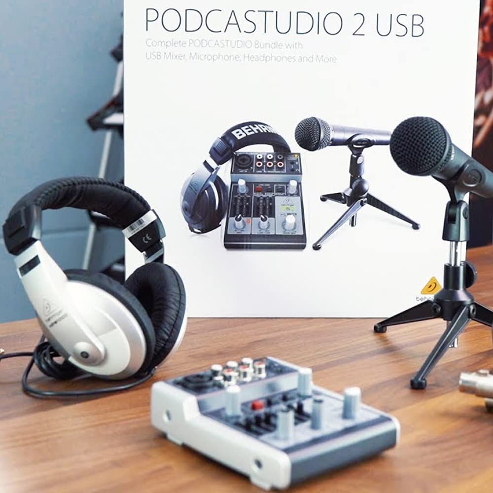 Behringer PODCASTUDIO 2 Mixer-Bundle-Set mit Kopfhörer-Mikrofon USB-Anschluss zum direkten Anschluss an Computer für LIVE-Streaming-Programm
