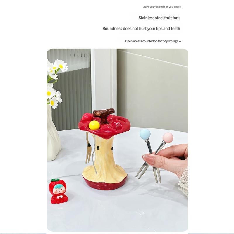 Apples Designs Ceramic Fruit Holder Set Including 4 Snacks Forks Heat Resistant Tableware for Home Party Decoration