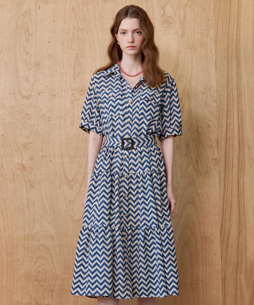 MAXZA Zigzag Pattern Belted Tiered Shirt Long Dress