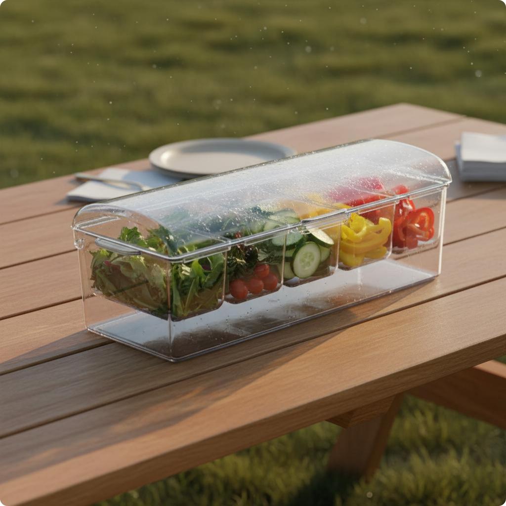 Portable Salad Container Crisp Keeping Chilled Fruit Container Compartment Tray Clear Plastic Picnic Ware Easy to Clean