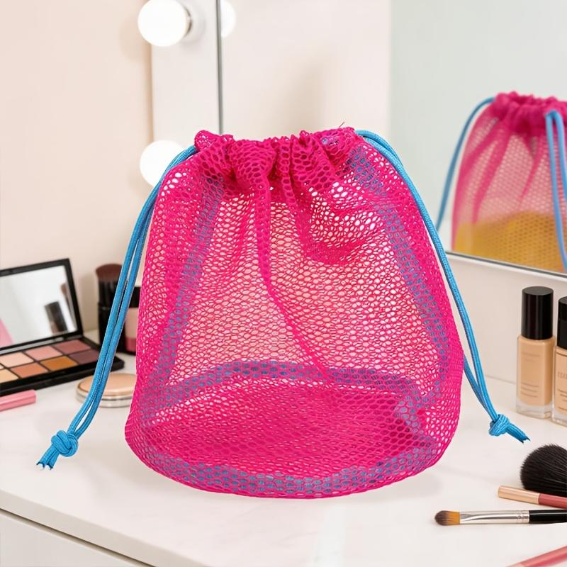 Drawstring Mesh Cosmetic Bag Toiletry Mesh Pouch Dopamine Color Grid Beach Bag, Handheld Toiletry Bag, Miscellaneous Storage Bag