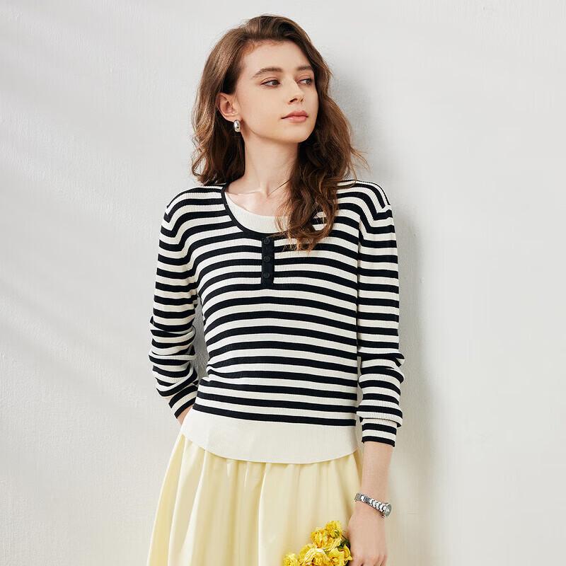 Women's Lyocell Stripe Faux Two-piece Long Sleeve Knit Top