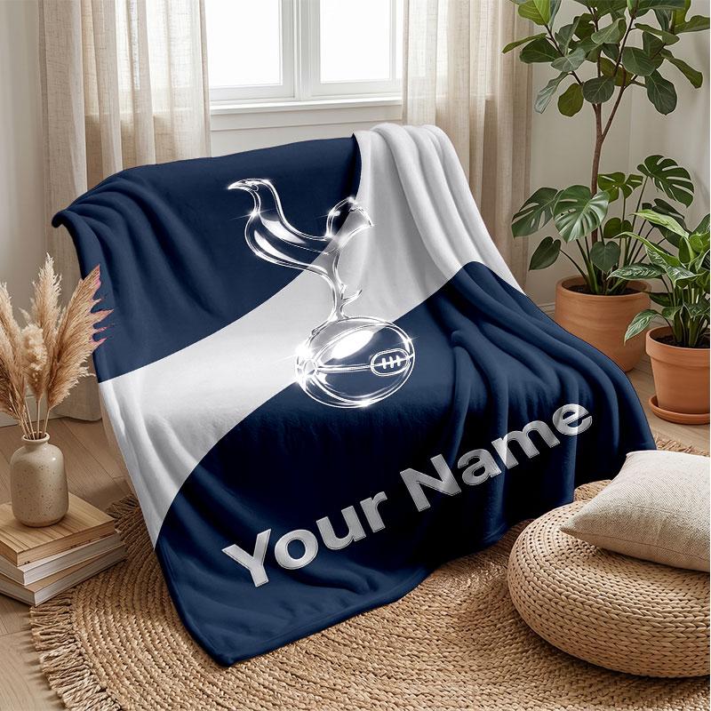 Tottenham Hotspur FC Custom Name Text Flannel Blanket Soccer Logo Personalized Fleece Throw Blanket Special Gift For Sofa Bedroom Home