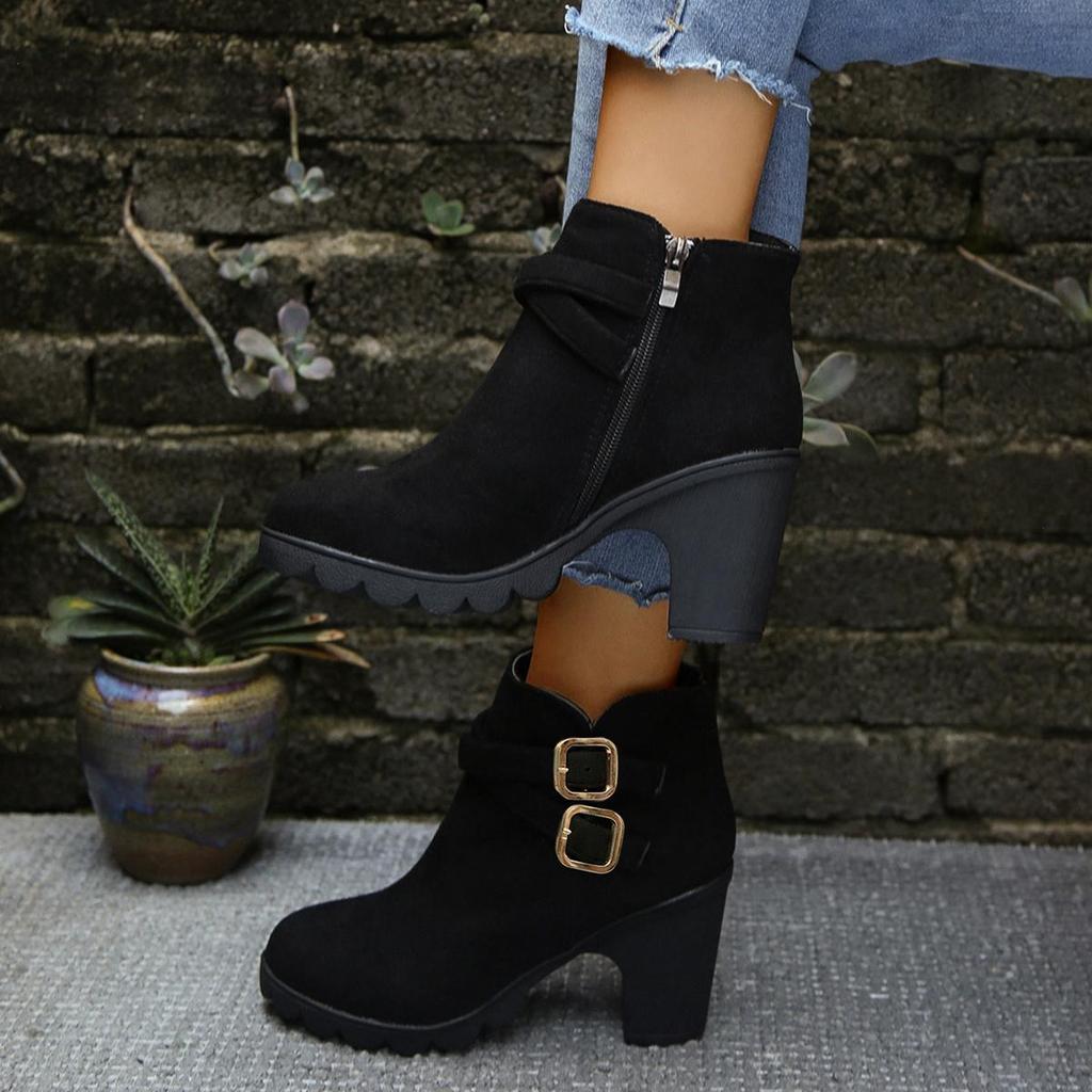 Herbst Dicke Absatzstiefel Damen Weinrot Kurz Mode Spitz Damenstiefel