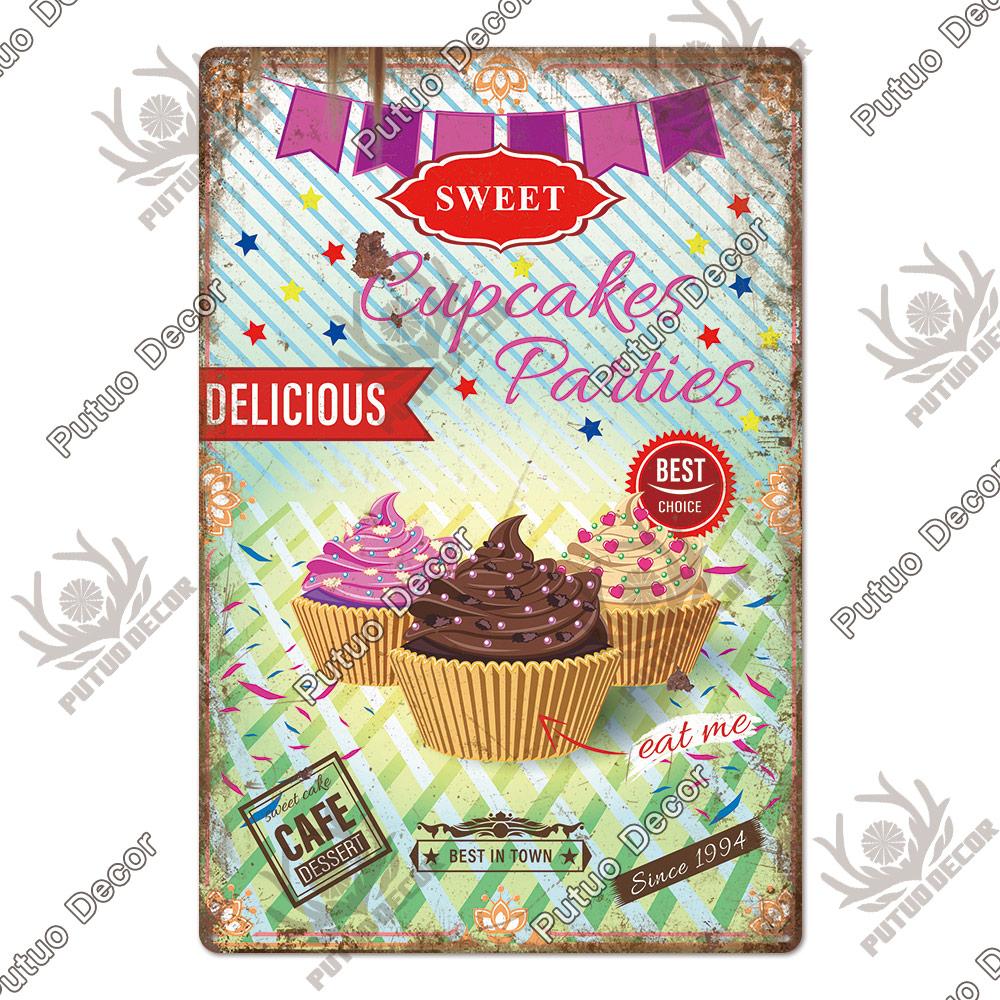 Putuo Decor Donuts Dessert Vintage Plaque Metal Plate Tin Sign Wall Art Decor Retro Poster for Kitchen Cafe Home Iron Painting