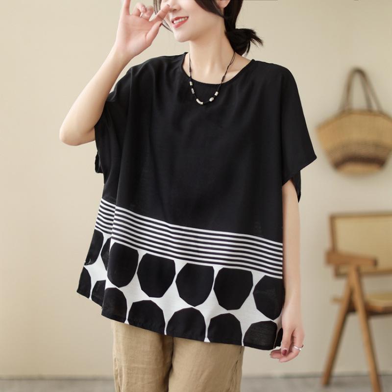 2023 Striped Polka Dot Spliced Loose Plus Size Short-Sleeve Round Neck T-Shirt One Size