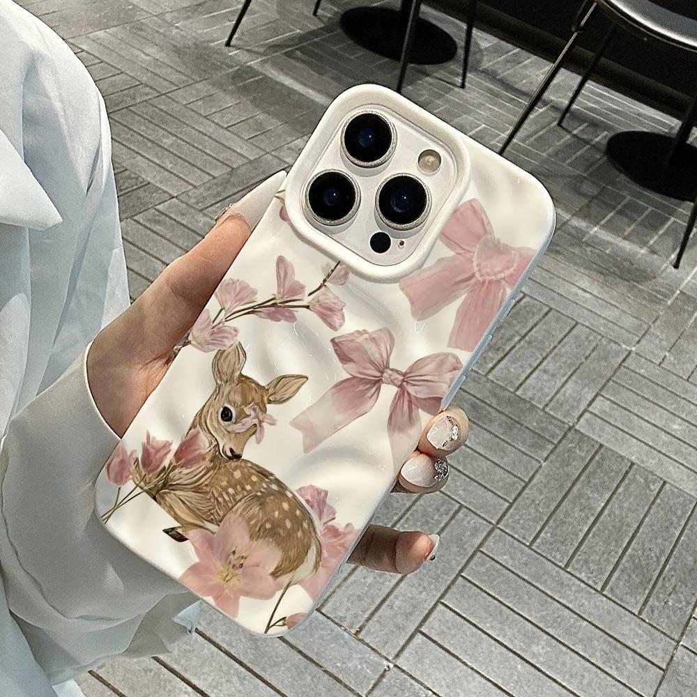 Retro Bow Sika Deer Pattern Phone Case For IPhone 17 16 15 14 13 12 11 Pro Max 14 Plus 17Air Wrinkle Wave Soft Silicone Cover