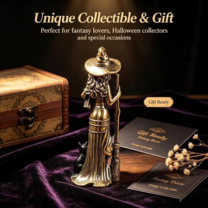 Brass Magic Witch Miniature Statue Retro Collectible Figurine Creative Desktop Ornament for Theme Party Home Decor Gift