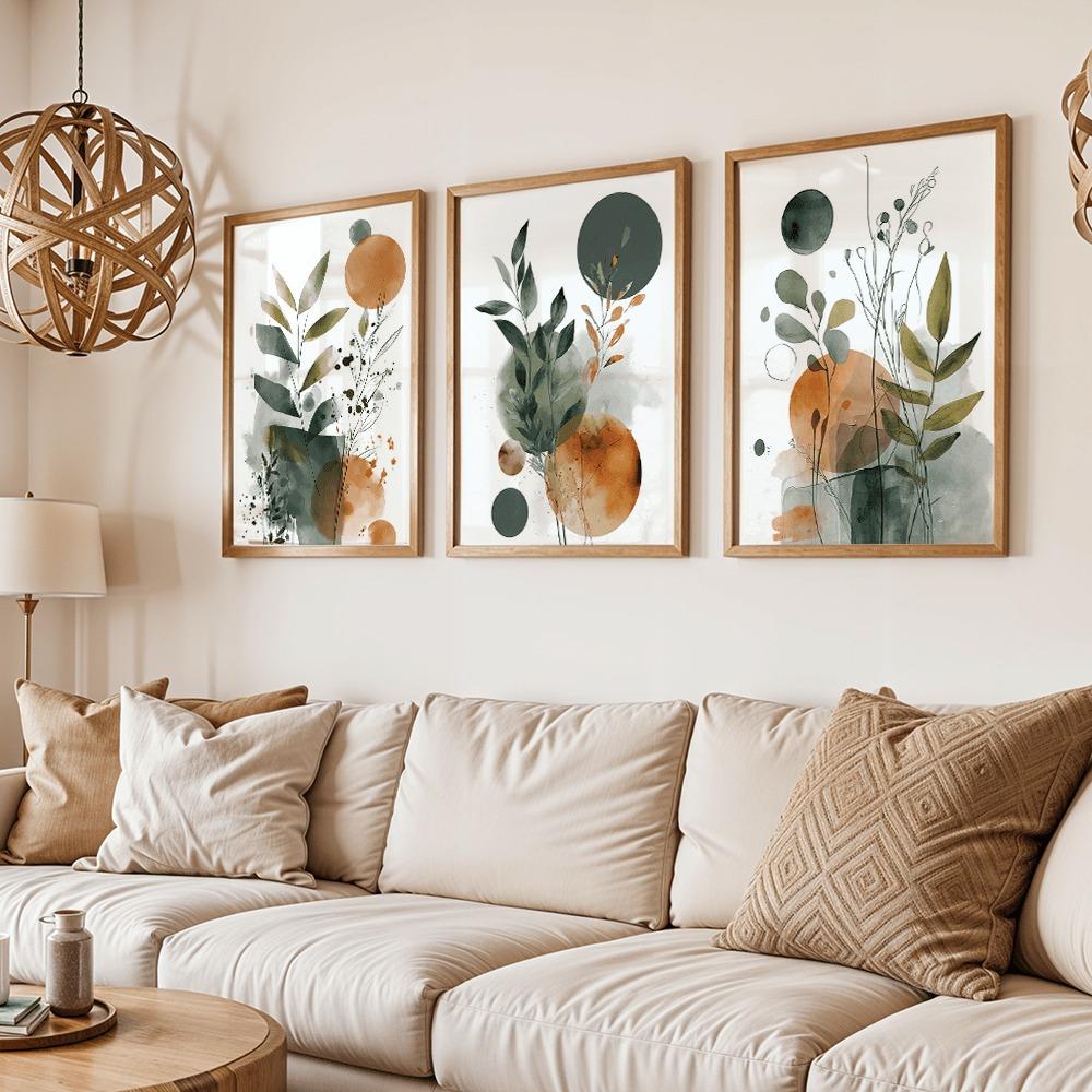 3 Pezzi Stampa Line Art Botanica Nordica Senza Cornice, Pittura su Tela Floreale Arancione e Verde Salvia, Decorazione Artistica da Parete Creativa Unica