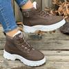 Fashion Fashion Women Warm Boots Mid Heels Shoes Winter Students Flat Boots Walking Pure Color Lace-up Boots Shoes Casual Sports Shoes