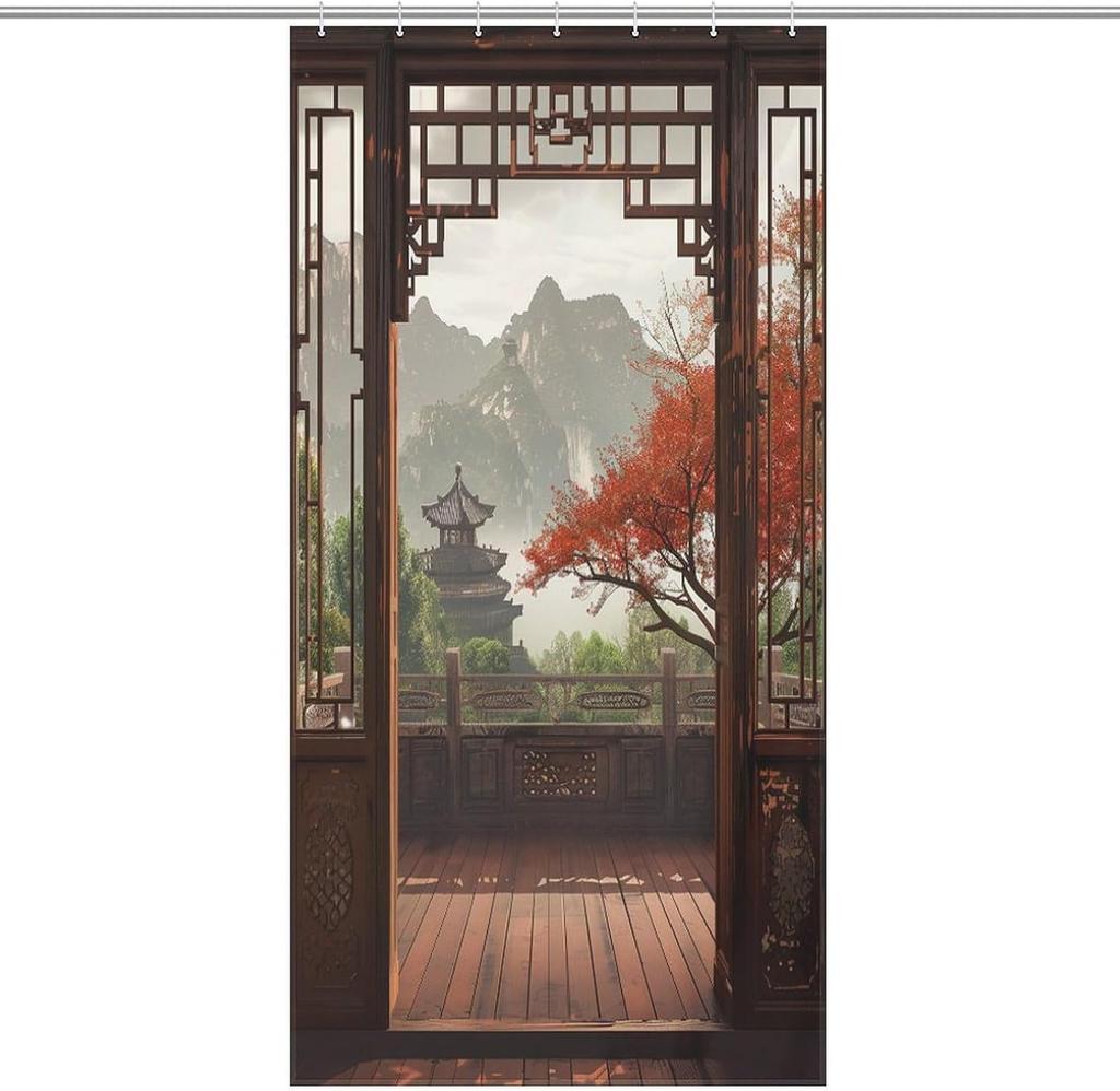 Chinese retro shower curtain, Japanese landscape shower curtain, waterproof polyester fiber shower curtain, customizable