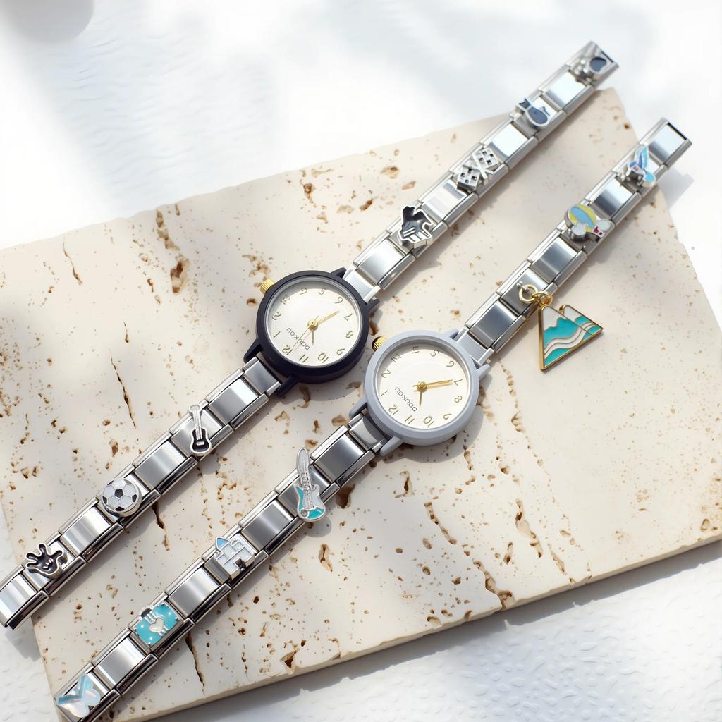 Vintage Italienisches Charm-Armbanduhr Bunt Strass Y2K Edelstahl Modulare Uhr Abnehmbare Glieder Ästhetischer Schmuck