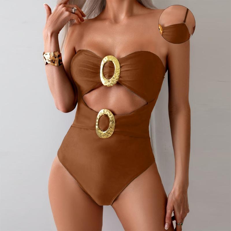 Women S Solid Color Sexy Strapless Removable Strap One Piece Swimsuit