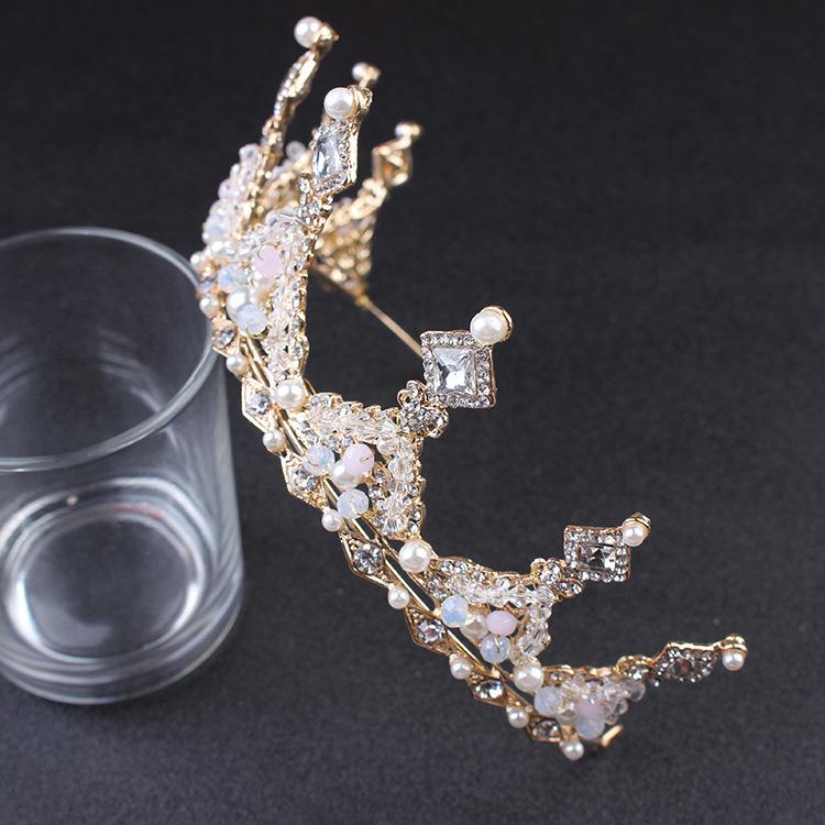 Korean Bride Gold Handmade Crown Headband Headdress New Alloy Crown Crystal Beaded Wedding Accessories