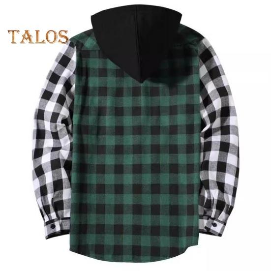 Fall Winter Men Shirt Coat Plaid Print Long Sleeves Chest Pocket Adjustable Drawstring Hood Single-breasted Patchwork Loose Contrast Color Jacket