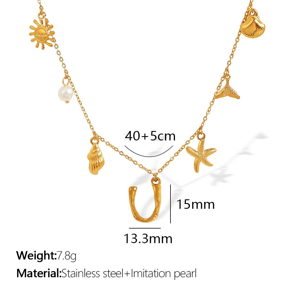 New Arrival Gold Boho Ocean Conch Starfish Shell Charm Necklace Stainless Steel A-Z Alphabet Initial Letter Beach Necklace Women