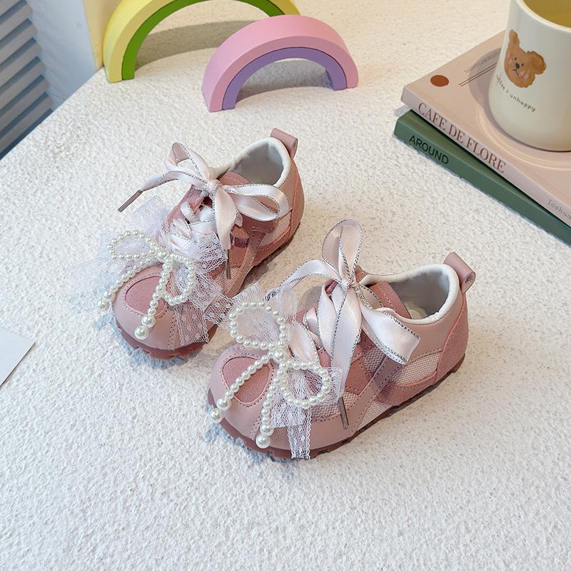 Girls casual fashion pearl bow sneakers 2025 spring and summer new puff shoes breathable lightweight board shoes tide