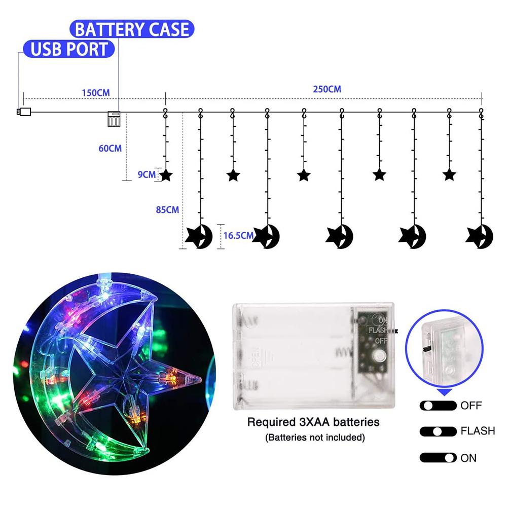 LED Window Curtain String Light Fairy Lights Moon Star String Light Battery USB Powered for Indoor Bedroom Outdoor Party