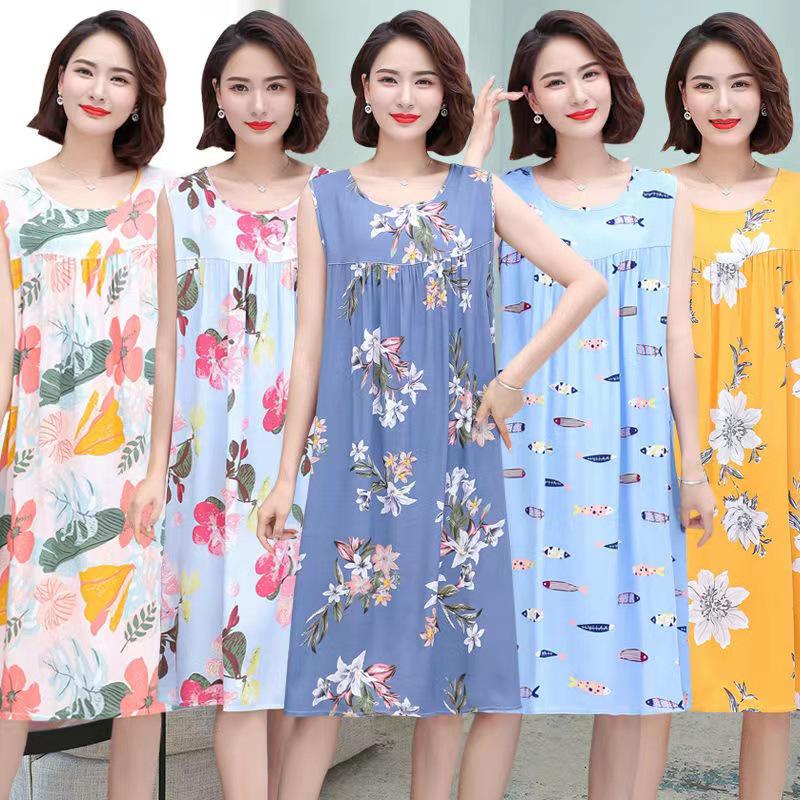 Plus Size Sleeveless Cotton Rayon Dress for Middle-Aged Women