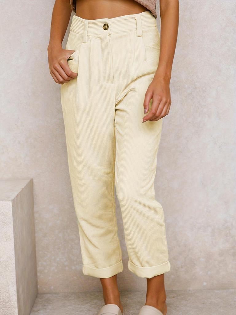 2024 Women's High Waist Corduroy Casual Pants - Solid Color, Loose Straight Leg