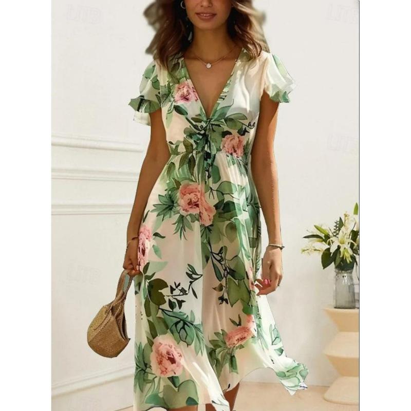 

Floral Print V-Neck Dress with Ruffled Sleeves and Waist Tie, Summer Casual Dress for Women S