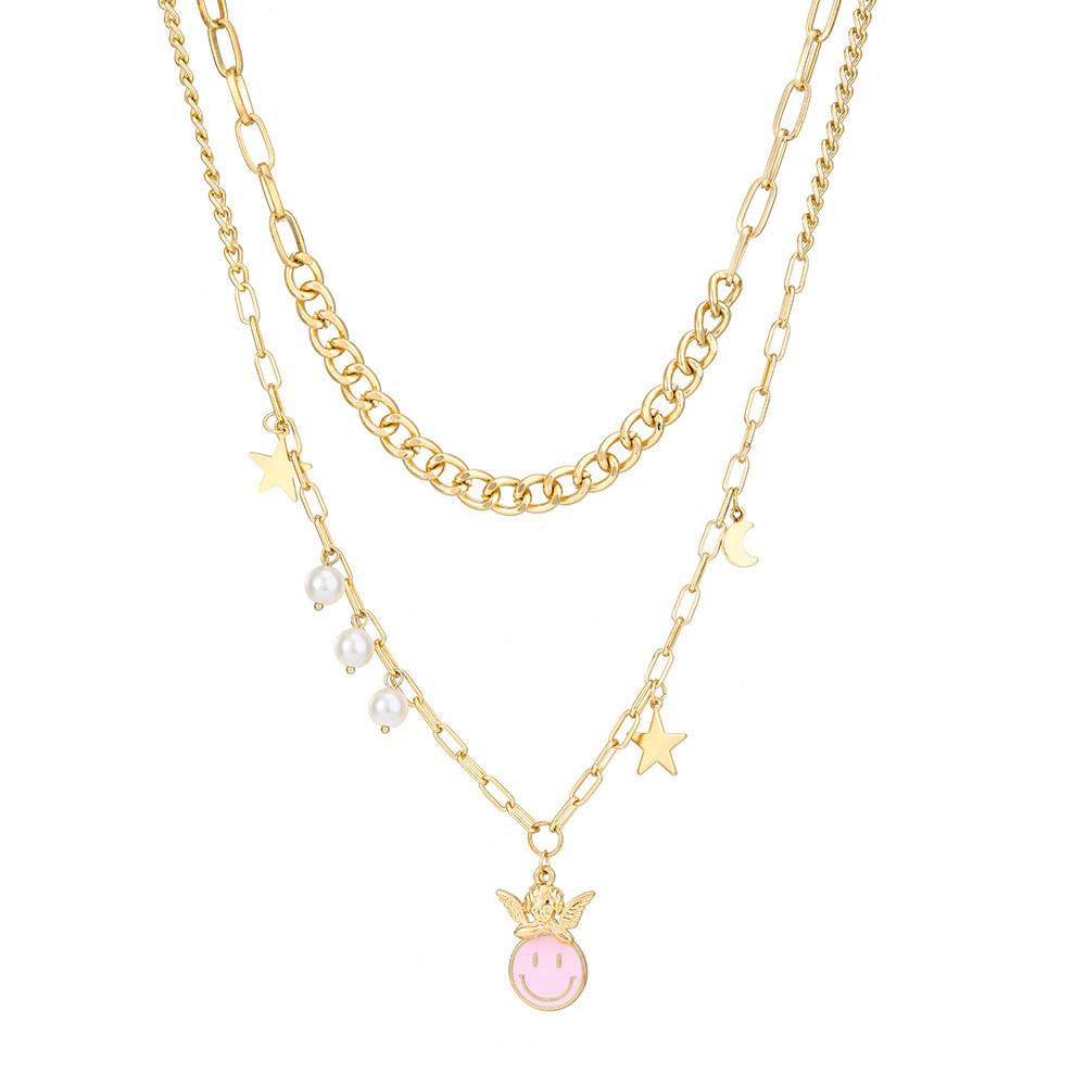 Fashionable Gold Plated Pearl Star Angel Smile Necklace Geometric Design For Women