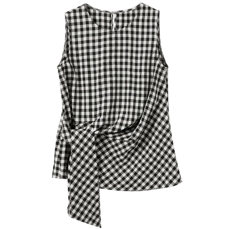 Women s Plaid Round Neck Sleeveless Tie-Strap Blouse L