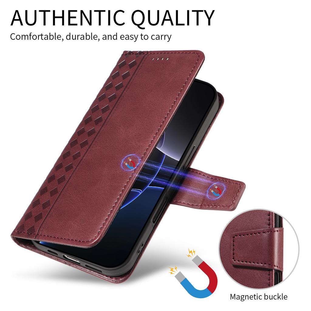 For Nothing Phone (3) 5G Leather Case Wallet Stand Grids Imprinted Phone Cover with Strap -  Wine Red