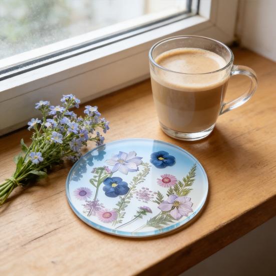 2D Acrylic Coaster Set with Pressed Flower Design Heat-Resistant Drink Mat for Coffee Cups Decorative Tableware for Mother's Day Gift Unique Home