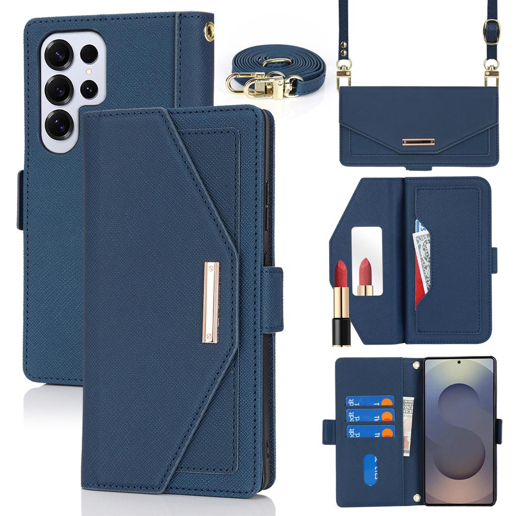 For Samsung Galaxy S25 Ultra Stand Case Cross Texture PU Leather Wallet Phone Cover with Shoulder Strap/Makeup Mirror