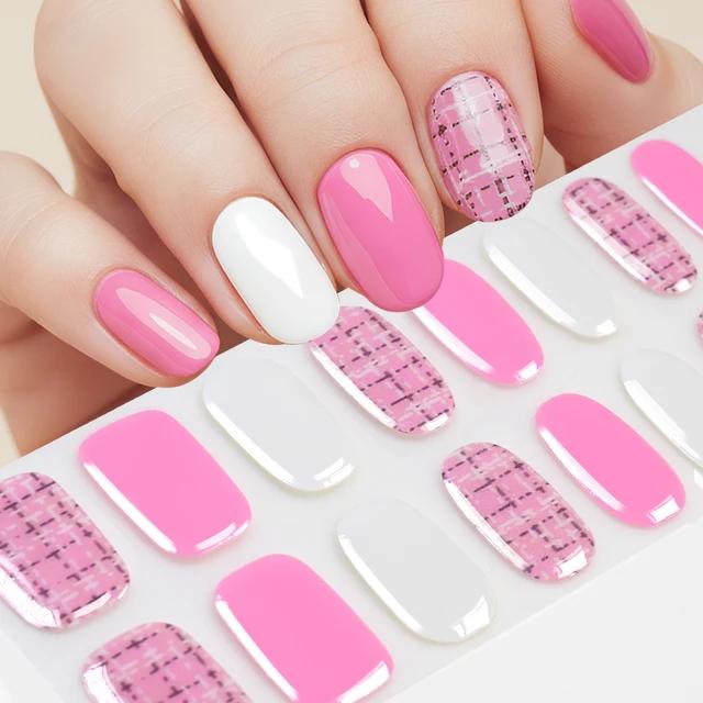 16 Tips Mini Flower Semi-Cured UV Gel French Style Dark Red Self Adhesive Nail Stickers Wraps