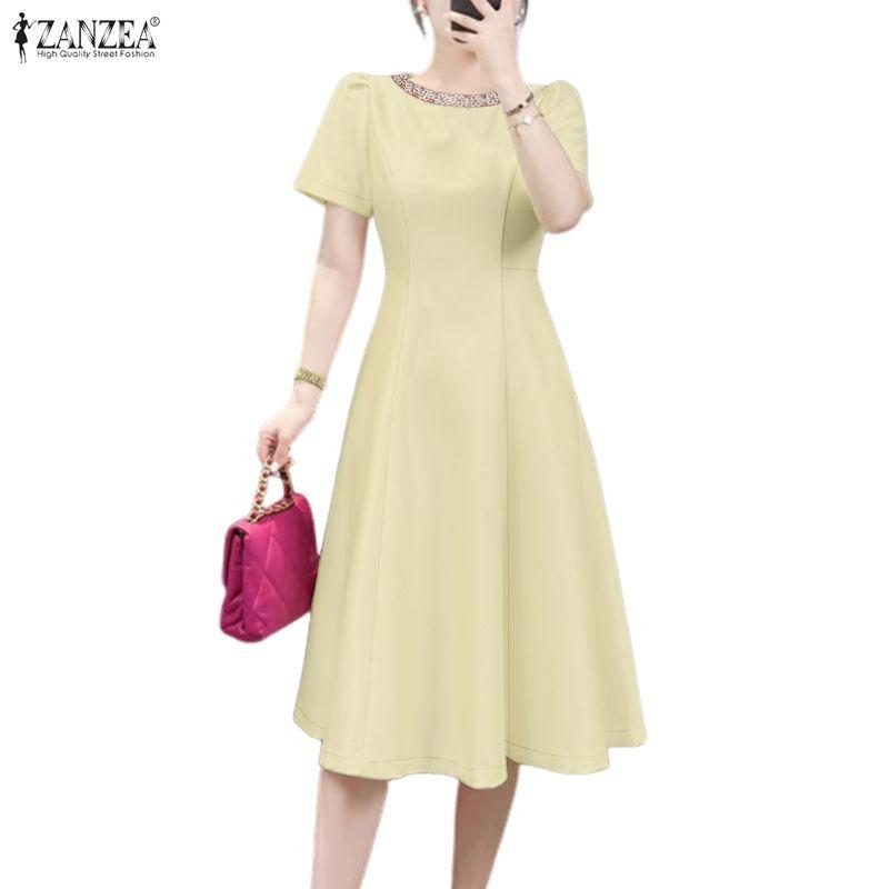 ZANZEA Women Casual Round Neck Short Sleeve Summer Dress