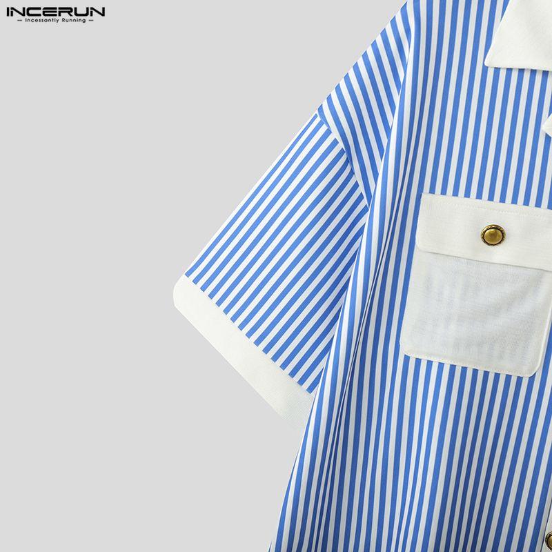 INCERUN Summer Men Lapel Short Sleeve Striped Print Patchwork Button Up Casual Crop Shirts