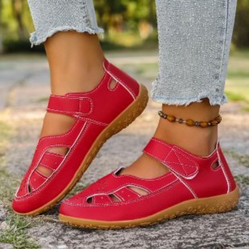 New Large-sized Hollowed-out Sandals for Women, Casual Flat, Button-toe, Wedge Heel Velcro Shoes