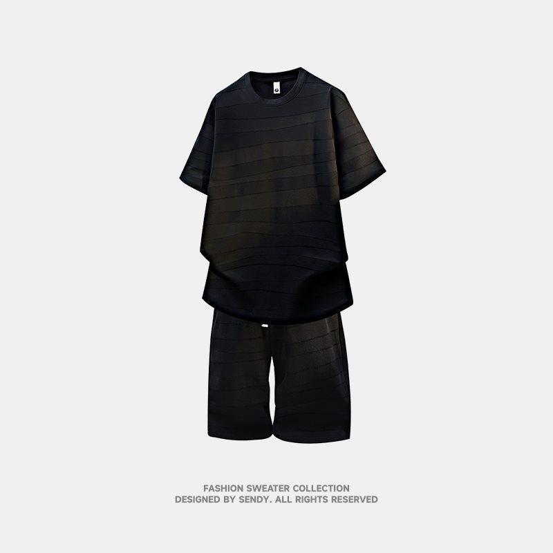 Trendy Men's Summer Jacquard Short Sleeve Round Neck T-shirt Set